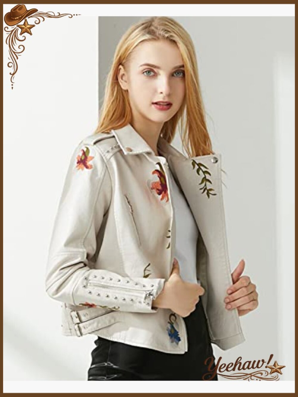 Embellished Faux Leather Moto Jacket Floral Embroidery Cropped - Picture 2 of 6